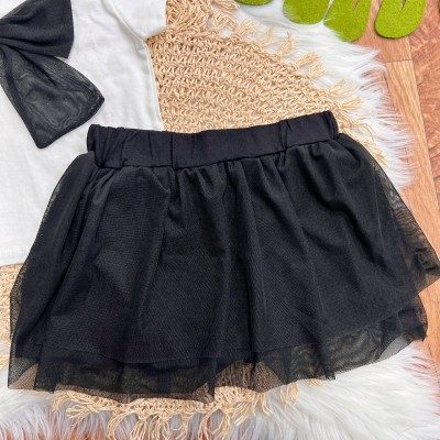 Conj. Blusa com Laço eSaia em Tule Preto - Off White